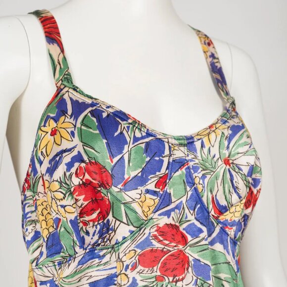 30s 40s Tropical Pineapple Print Satin Lastex Crossback Swim Dress Bathing Suit - Picture 2 of 7